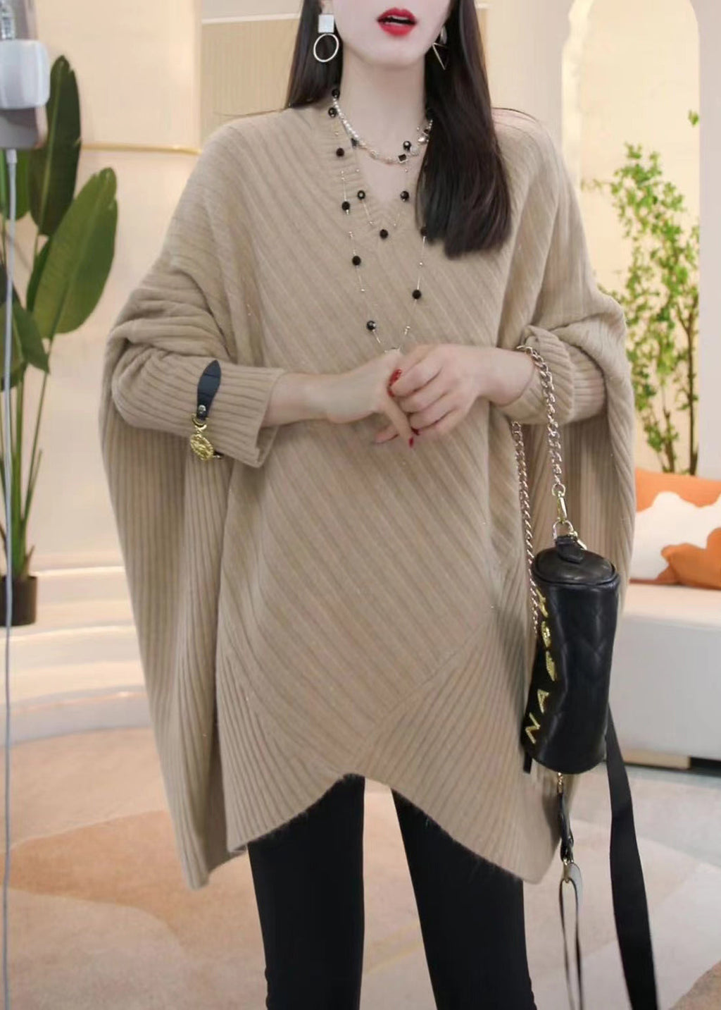 Loose Light Khaki V Neck Cozy Knit Sweater Batwing Sleeve Wm016