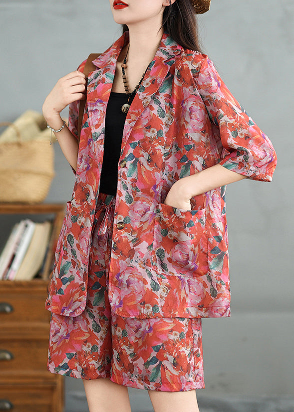 Collar Loose Cotton Pan Pieces Print Shorts Two and Coat Peter