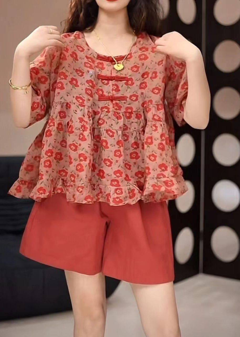 Loose Red O-neck Print Top and Shorts Two Pieces Set Summer Gh1009