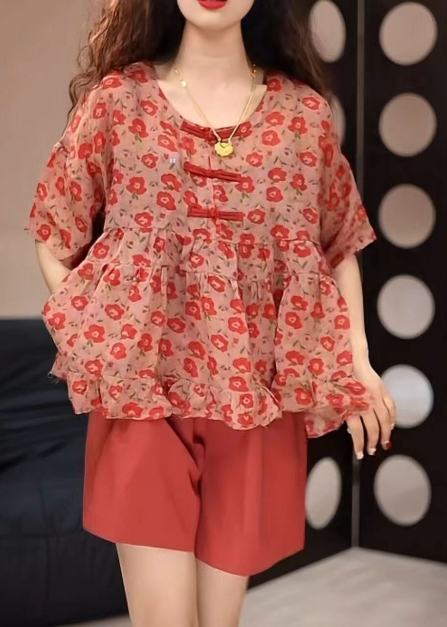 Loose Red O-neck Print Top and Shorts Two Pieces Set Summer Gh1009