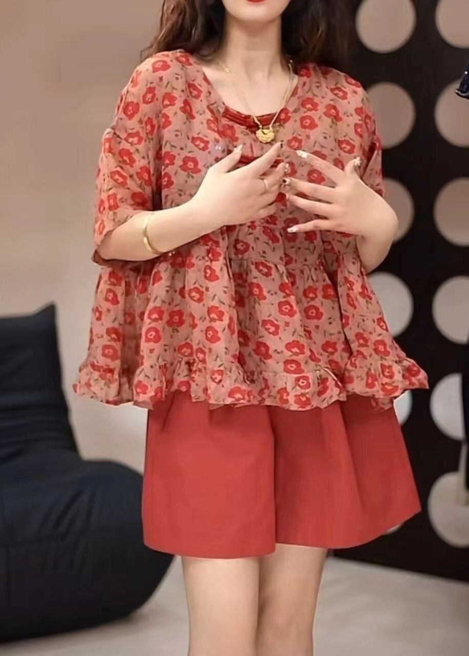 Loose Red O-neck Print Top and Shorts Two Pieces Set Summer Gh1009