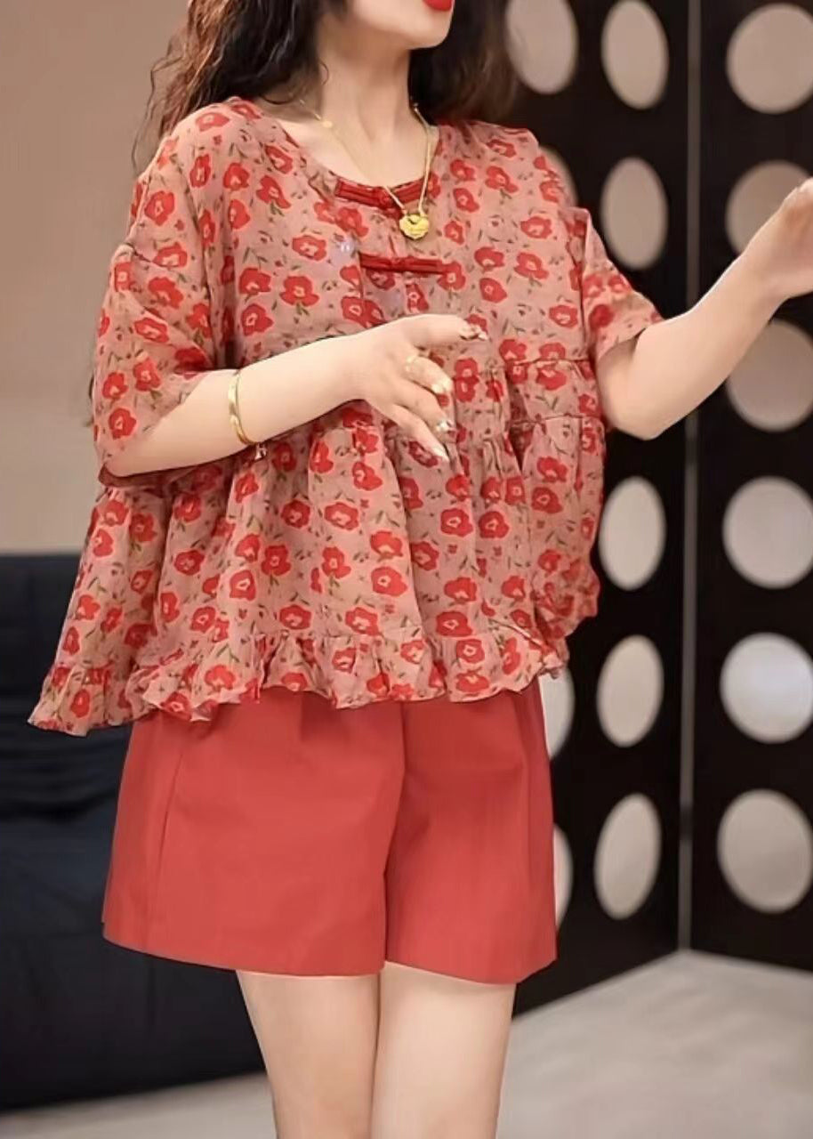 Loose Red O-neck Print Top and Shorts Two Pieces Set Summer Gh1009