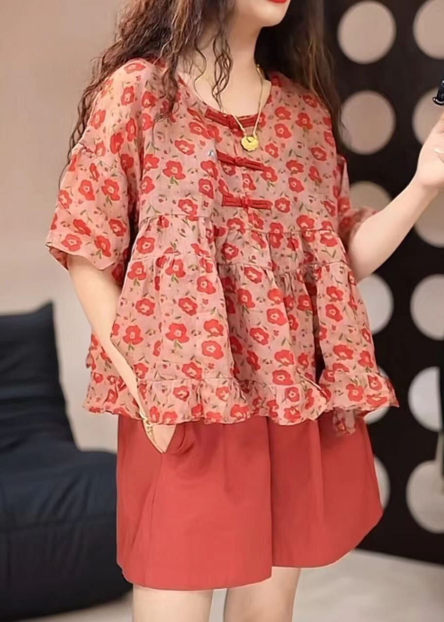Loose Red O-neck Print Top and Shorts Two Pieces Set Summer Gh1009