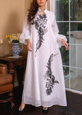 Loose White Embroidered Tie Waist Long Dresses Puff Sleeve Aa1038