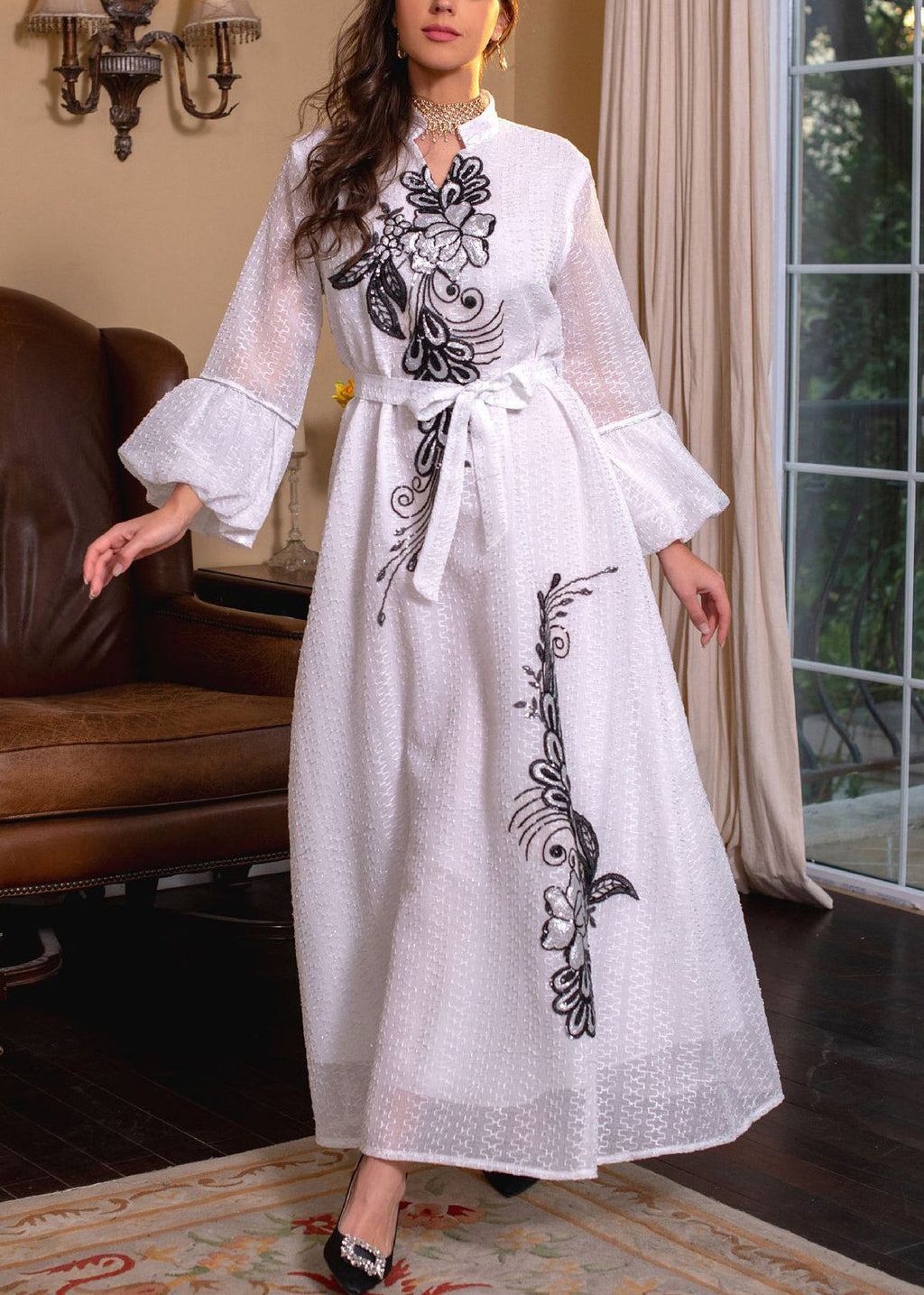 Loose White Embroidered Tie Waist Long Dresses Puff Sleeve Aa1038