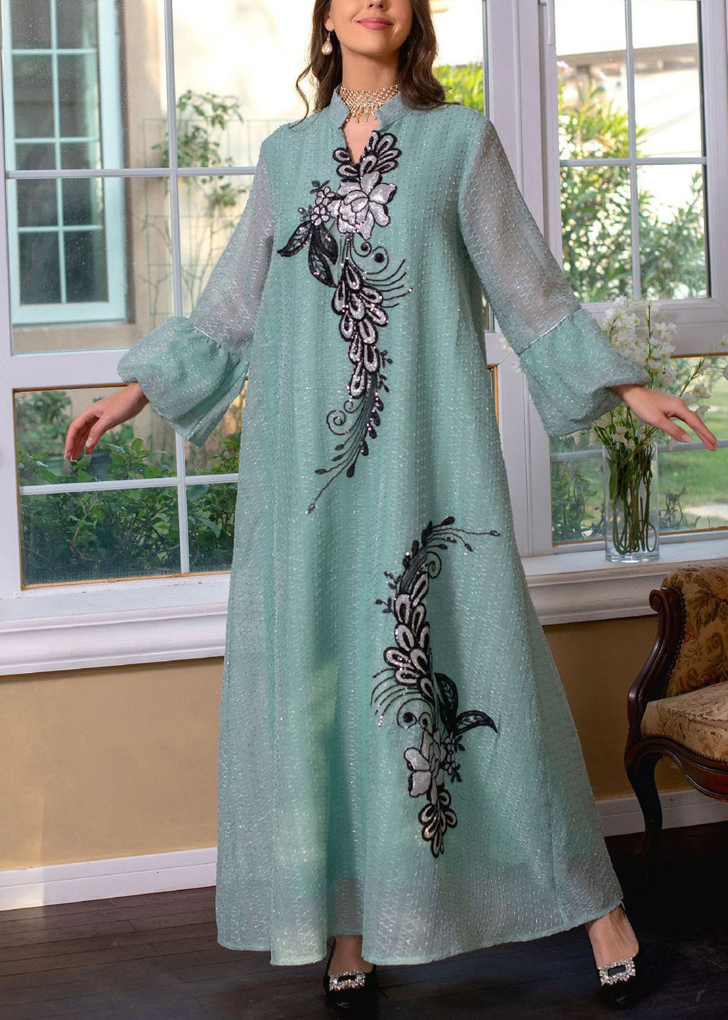 Loose White Embroidered Tie Waist Long Dresses Puff Sleeve Aa1038