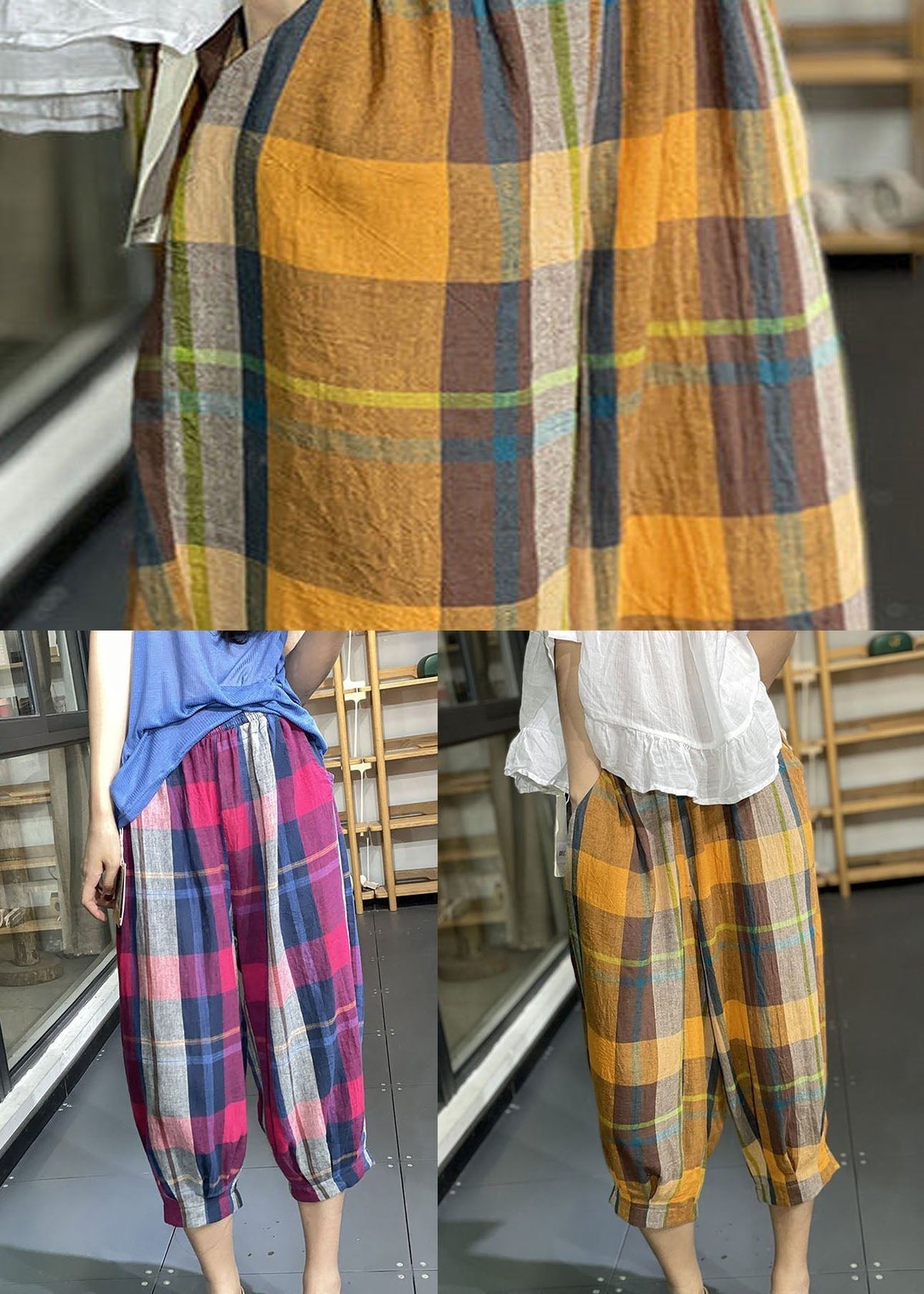 Loose Yellow Pockets Plaid Wrinkled Cotton Lantern Pants Summer Ly0604