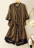 Loose Yellow Print Drawstring Linen Jumpsuits Summer Am1050
