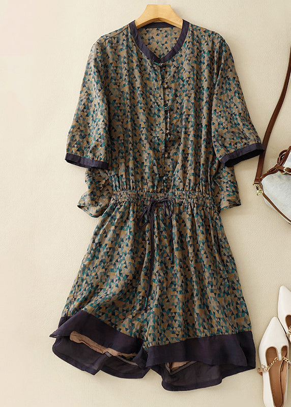 Loose Yellow Print Drawstring Linen Jumpsuits Summer Am1050