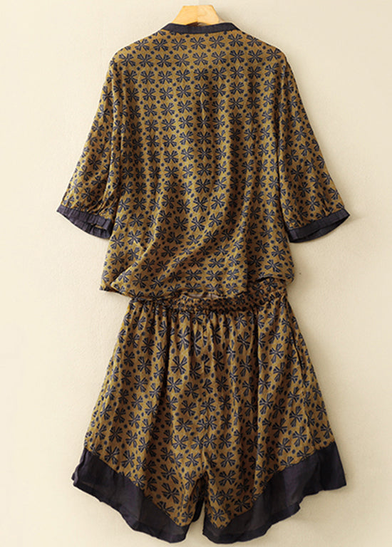 Loose Yellow Print Drawstring Linen Jumpsuits Summer Am1050