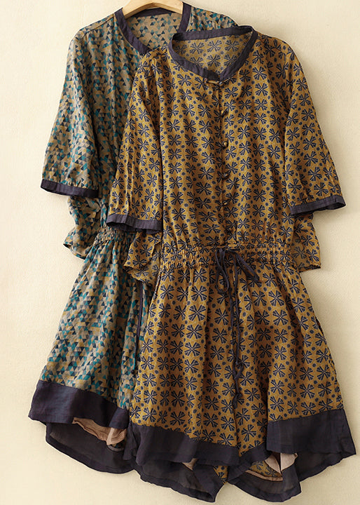 Loose Yellow Print Drawstring Linen Jumpsuits Summer Am1050