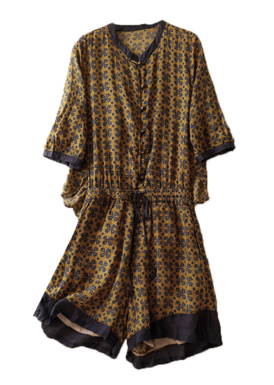Loose Yellow Print Drawstring Linen Jumpsuits Summer Am1050
