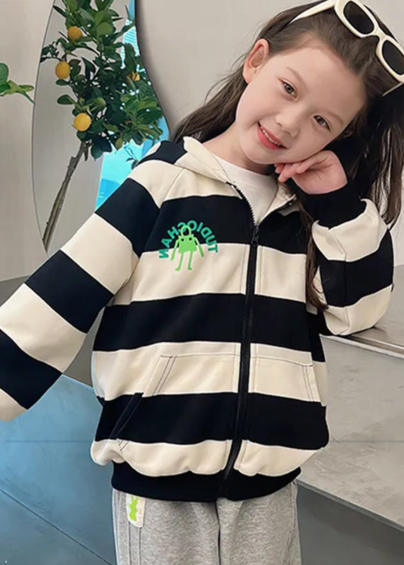Black White Striped Pockets Hoodies Coats Fall Qv047