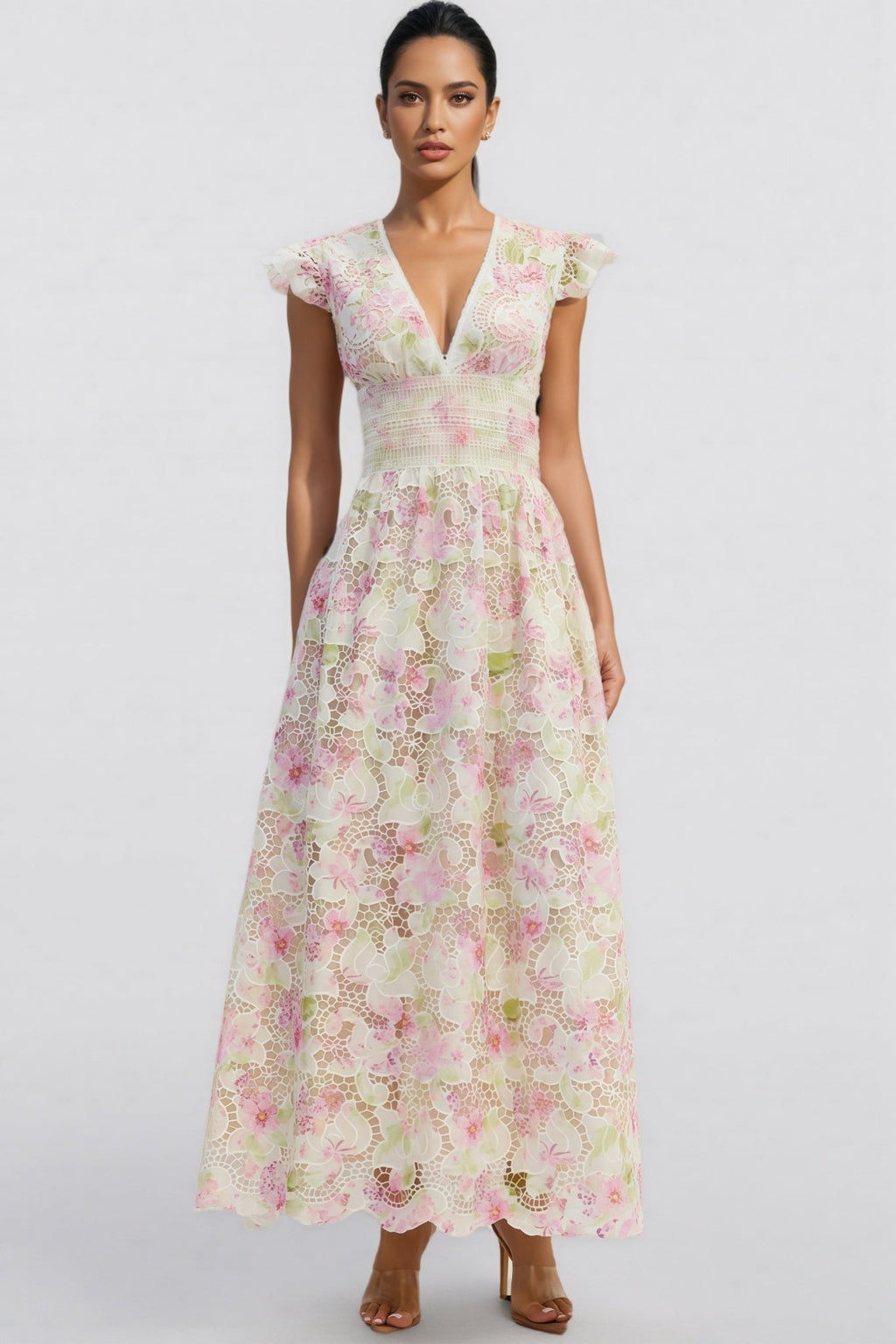 Jorjal V Neck Embroidered Hollow Out Maxi Dress