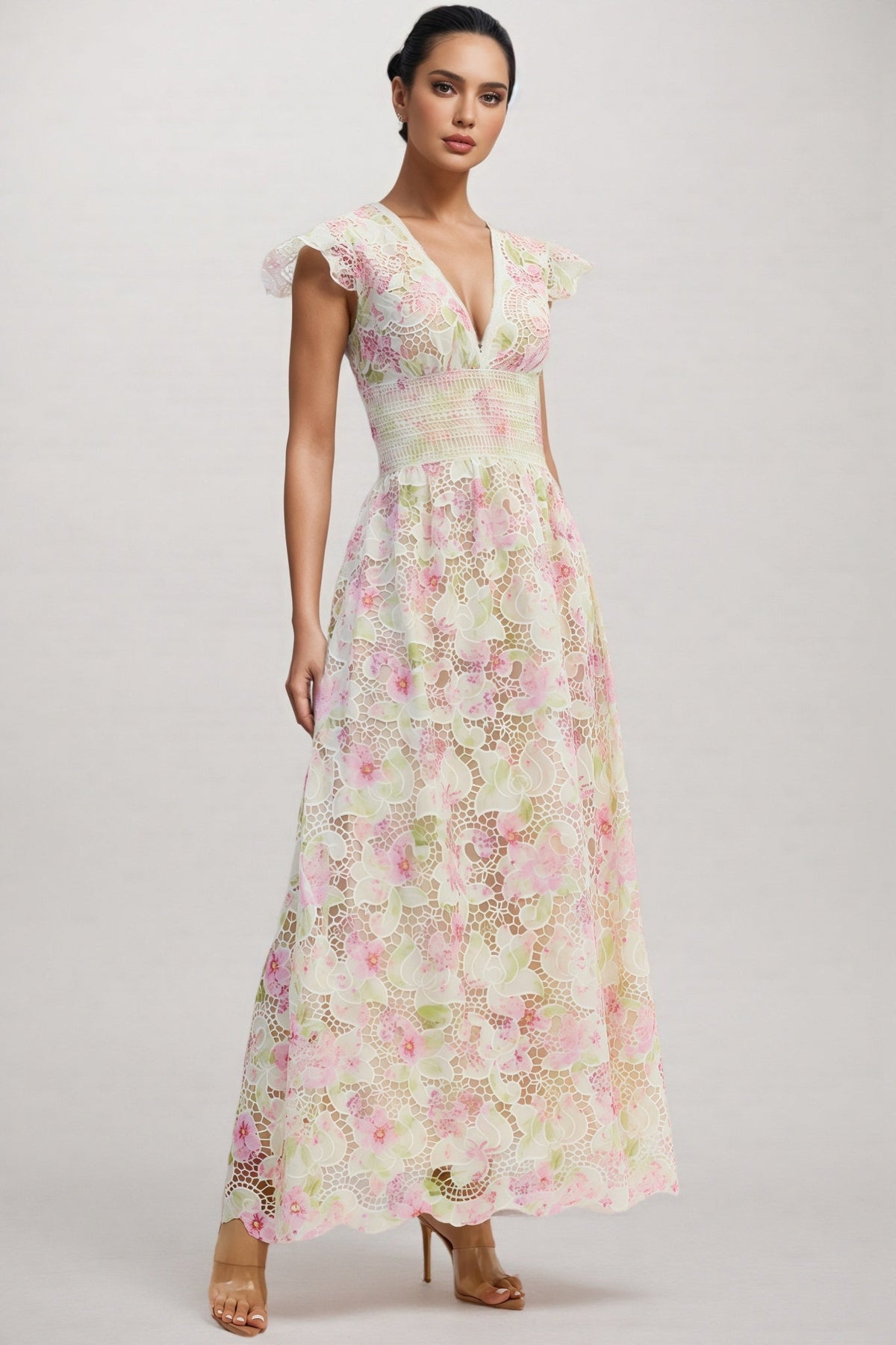 Jorjal V Neck Embroidered Hollow Out Maxi Dress
