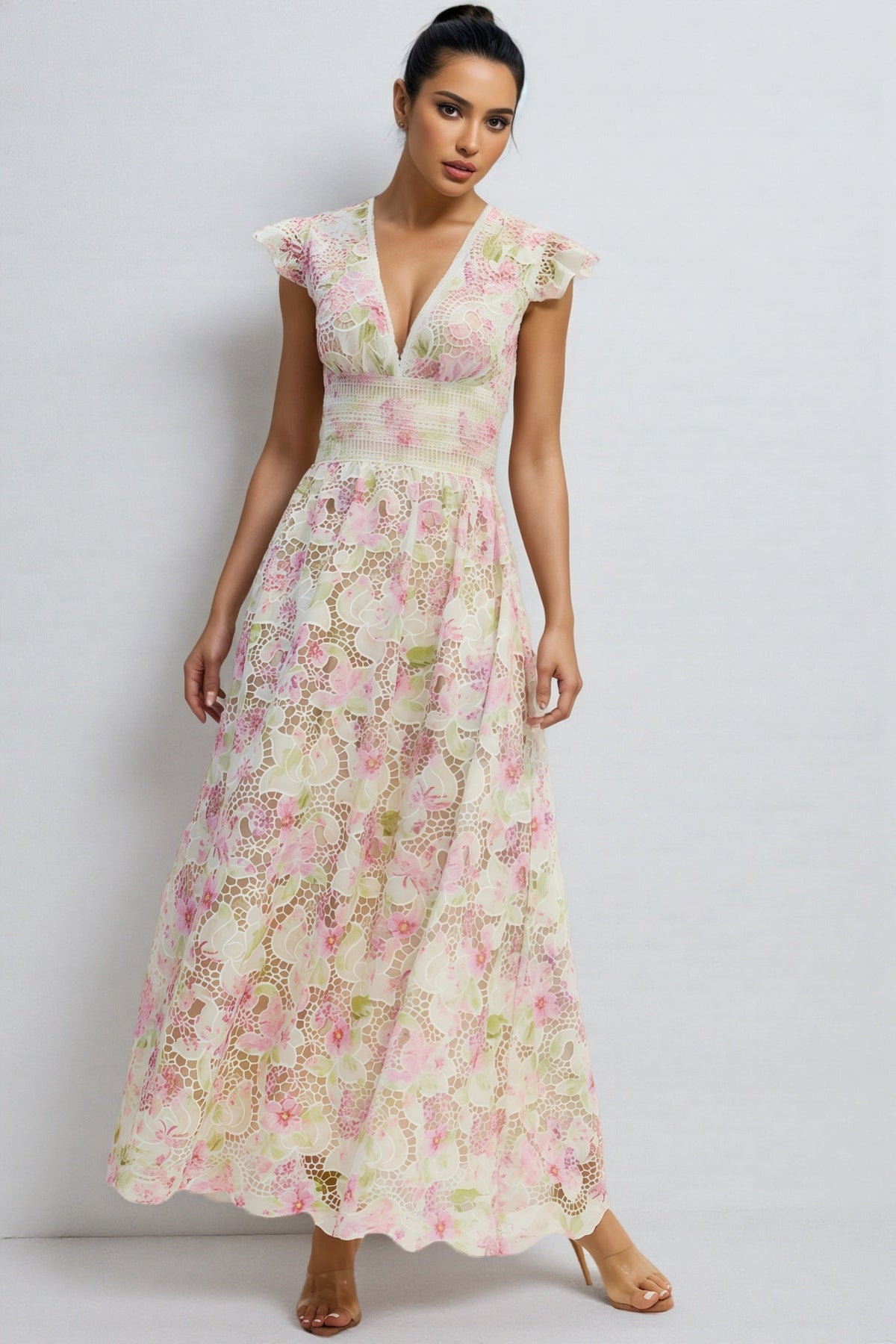 Jorjal V Neck Embroidered Hollow Out Maxi Dress
