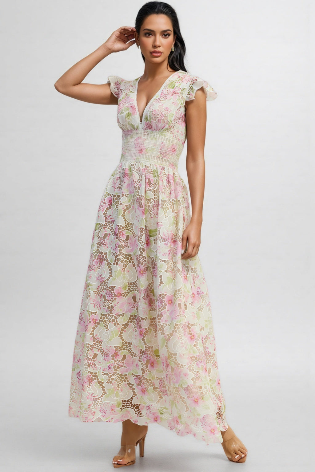 Jorjal V Neck Embroidered Hollow Out Maxi Dress