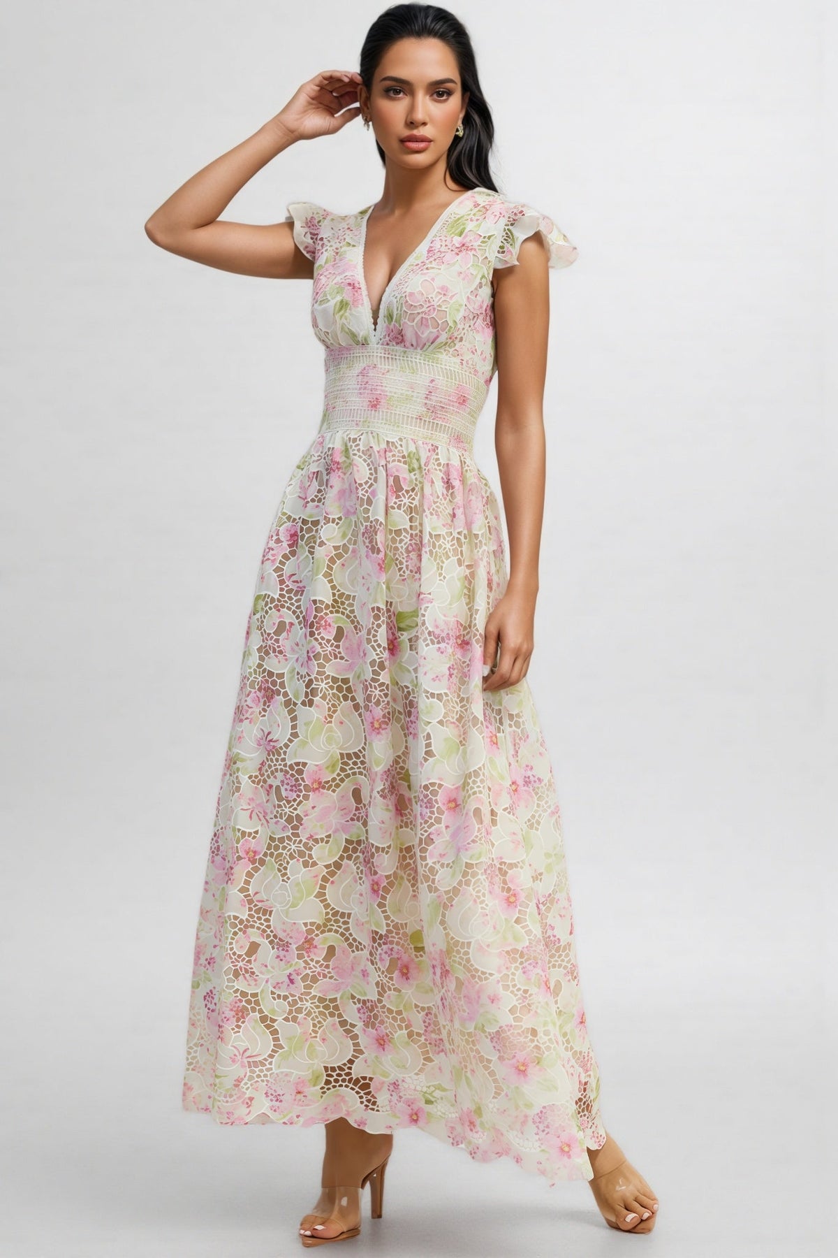 Jorjal V Neck Embroidered Hollow Out Maxi Dress