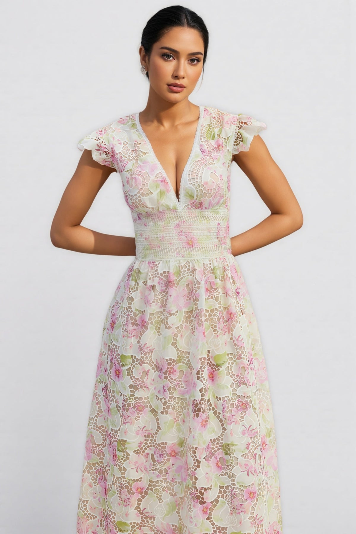 Jorjal V Neck Embroidered Hollow Out Maxi Dress