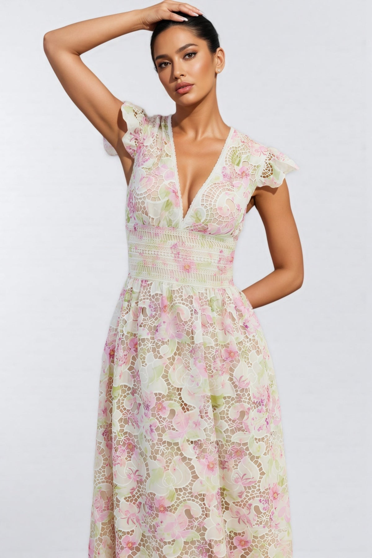 Jorjal V Neck Embroidered Hollow Out Maxi Dress