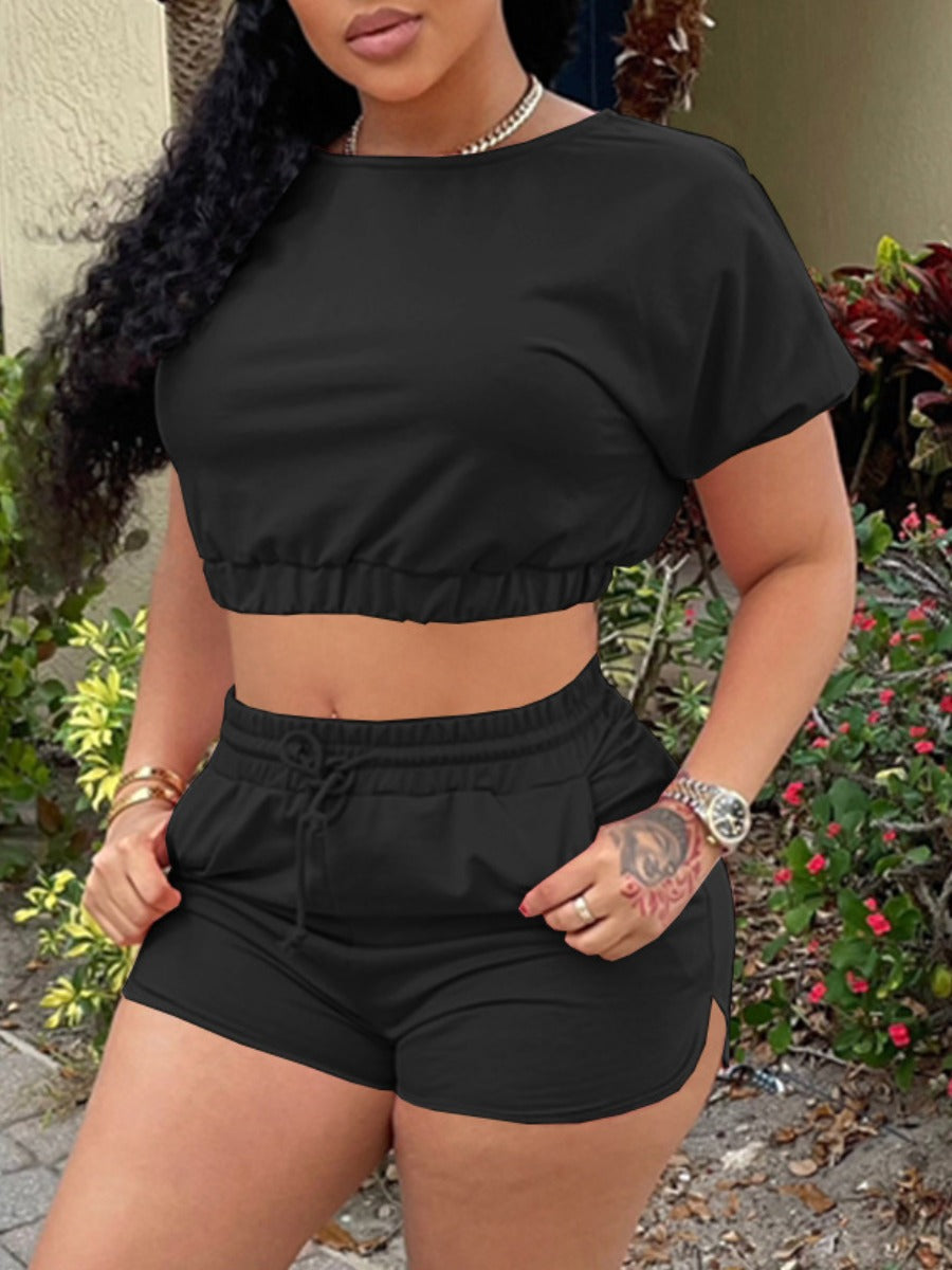 Crop Top Drawstring Shorts Set Ar507