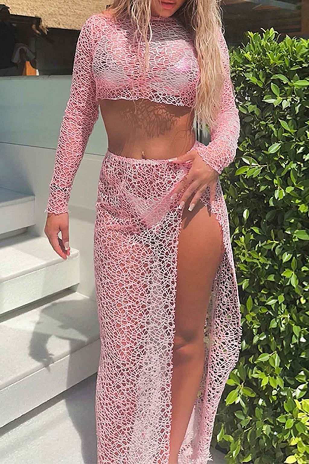 Mesh Crop Top Slit Skirt Two-piece Set
