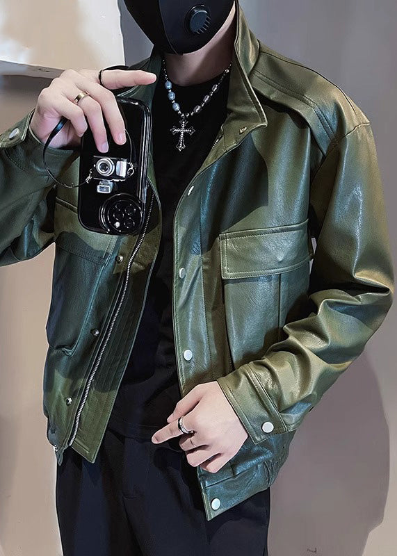 Modern Army Green Stand Collar Pockets Faux Leather Coats Spring Rn018