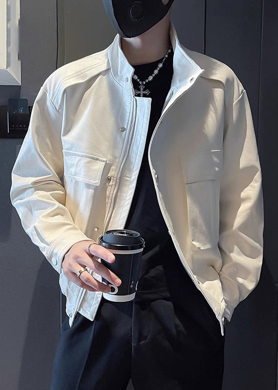 Modern Army Green Stand Collar Pockets Faux Leather Coats Spring Rn018