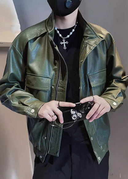 Modern Army Green Stand Collar Pockets Faux Leather Coats Spring Rn018