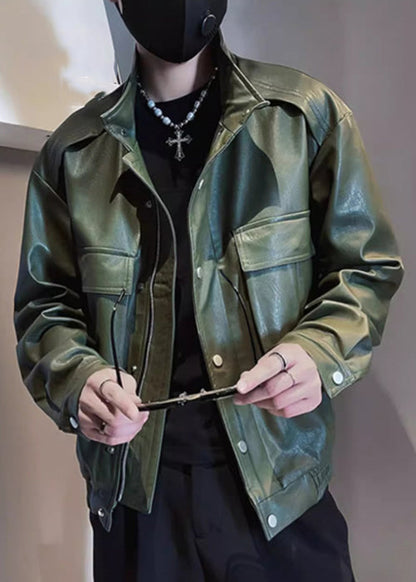 Modern Army Green Stand Collar Pockets Faux Leather Coats Spring Rn018