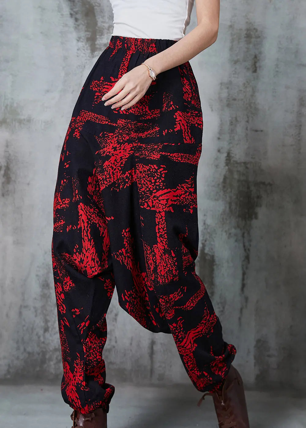 Modern Red Oversized Print Cotton Harem Pants Spring Jk1011