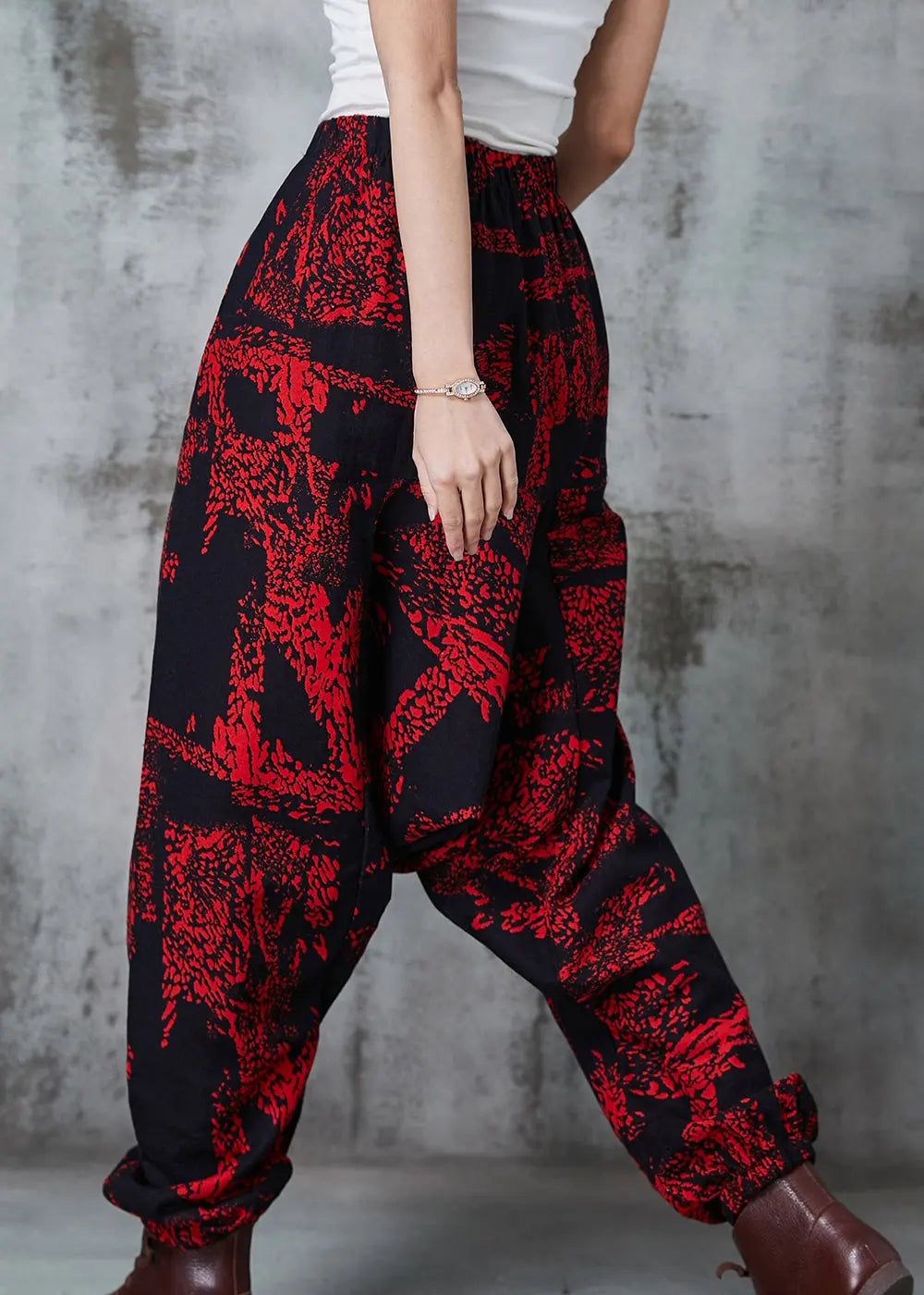 Modern Red Oversized Print Cotton Harem Pants Spring Jk1011