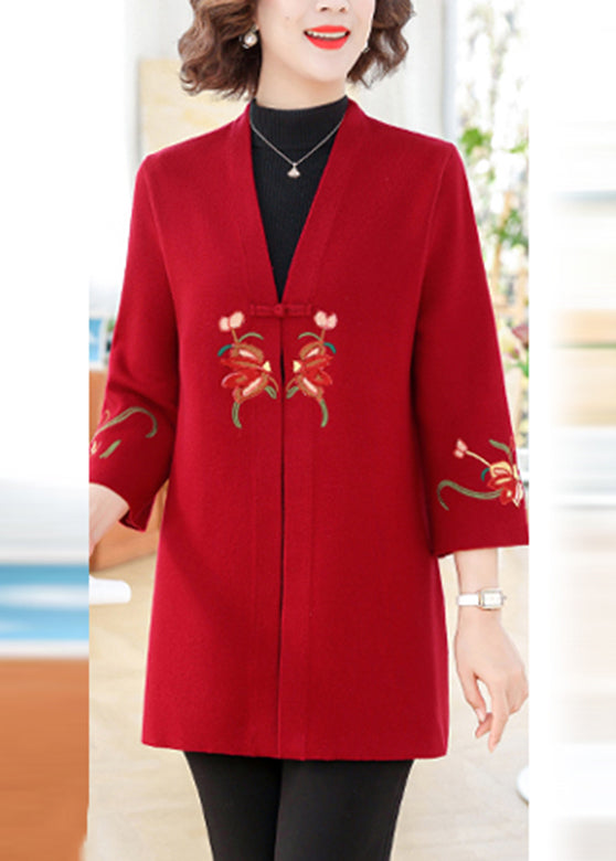 Modern Red V Neck Cotton Knit Cardigans Bracelet Sleeve Ta008