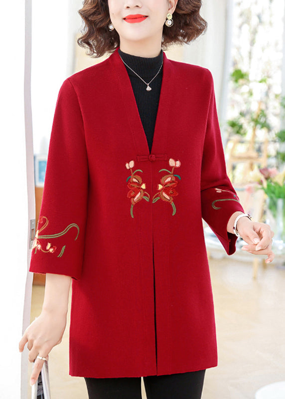 Modern Red V Neck Cotton Knit Cardigans Bracelet Sleeve Ta008