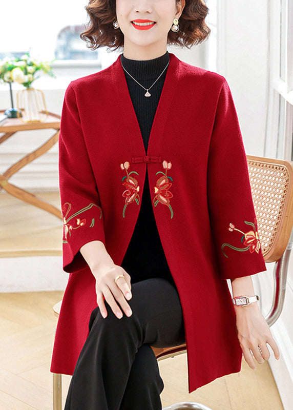 Modern Red V Neck Cotton Knit Cardigans Bracelet Sleeve Ta008