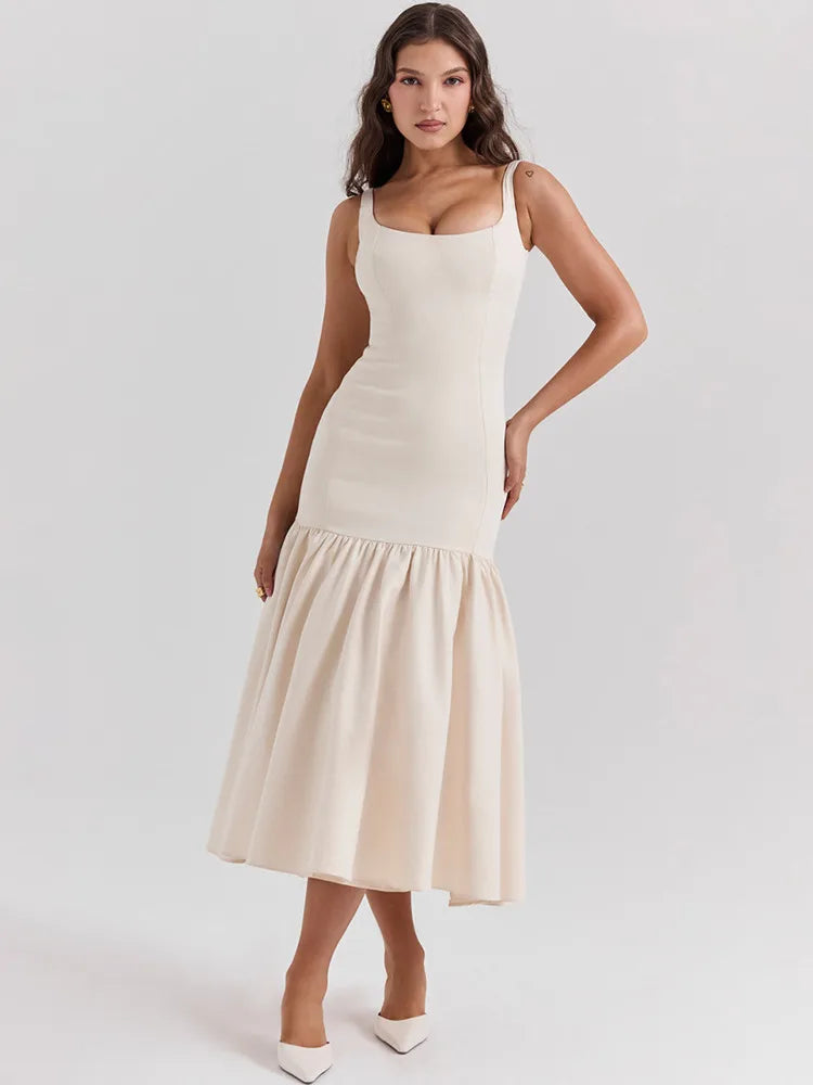 Backless Maxi Fishtail Dress for Gown Square Collar Sleeveless Loose Pleated Long Dress Dresses