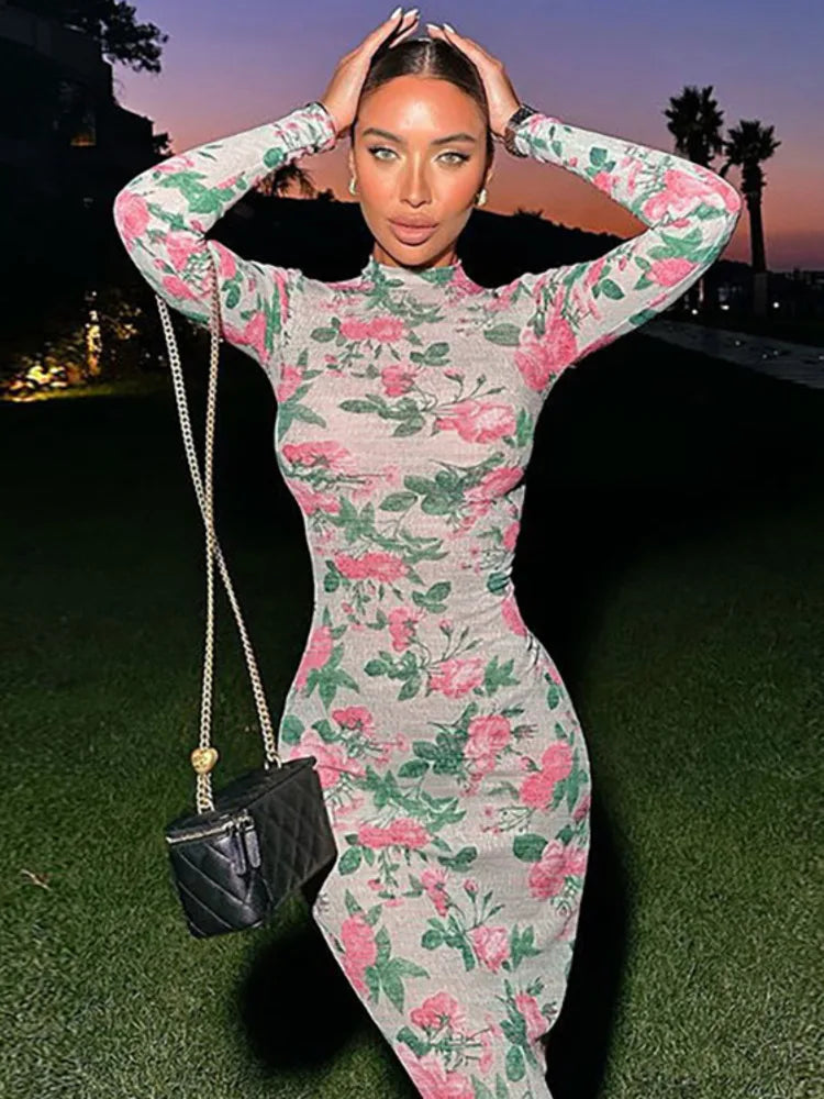 Bodycon Long Sleeve Half High Collar Print Zipper Maxi Dress Slim High Waist Dress Outfits