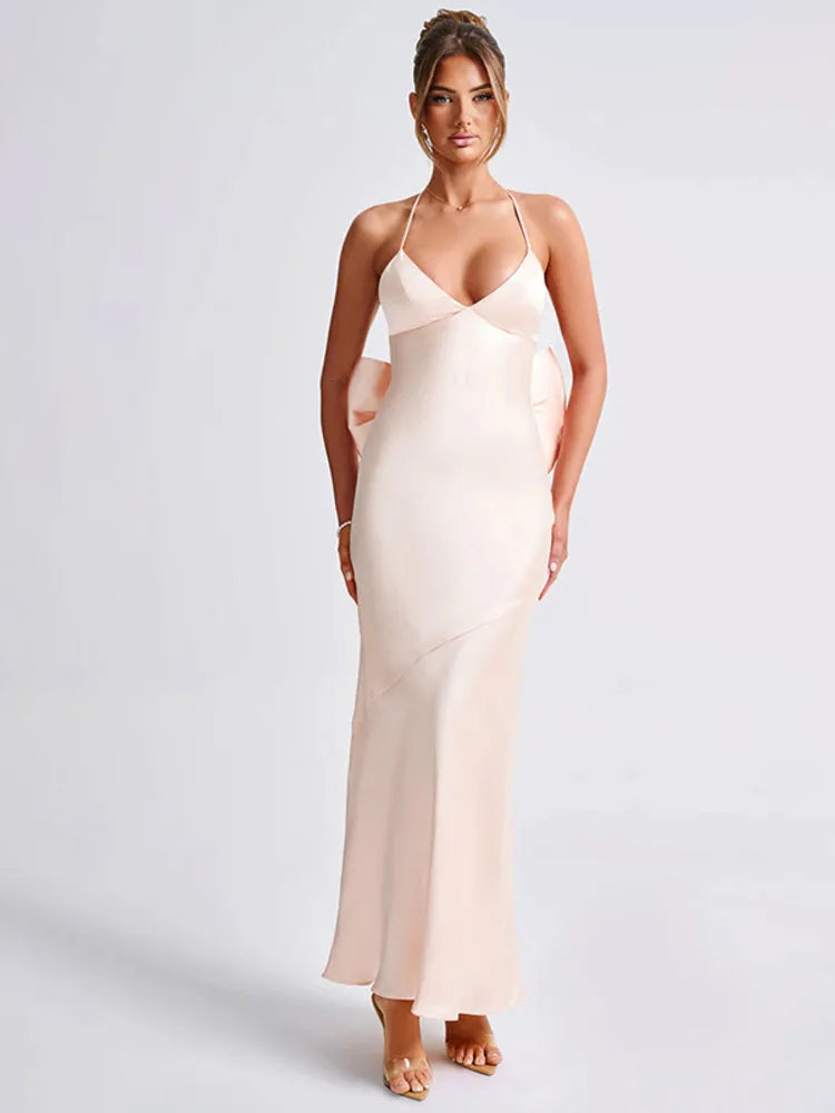Bow Backless Maxi Dress for Satin Spaghetti Strap V Neck Sleeveless Club Party Long Dress