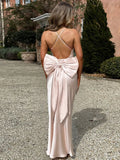 Bow Backless Maxi Dress for Satin Spaghetti Strap V Neck Sleeveless Club Party Long Dress