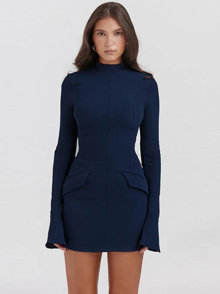 Dark Blue Two Pocket Mini Dress for Autumn Winter New Long Sleeve Bodycon Club Party Dress