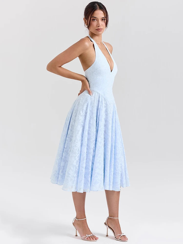 Deep V Neck Halter Madi Dress Sleeveless Backless A-line Loose Pleated Evening Long Dress