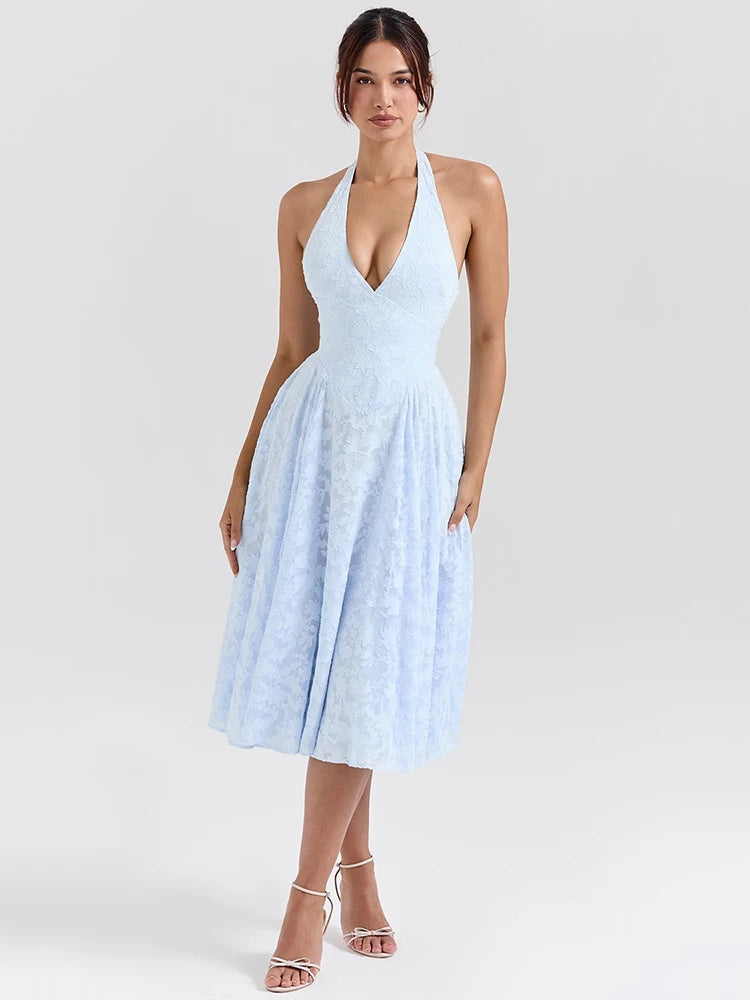 Deep V Neck Halter Madi Dress Sleeveless Backless A-line Loose Pleated Evening Long Dress