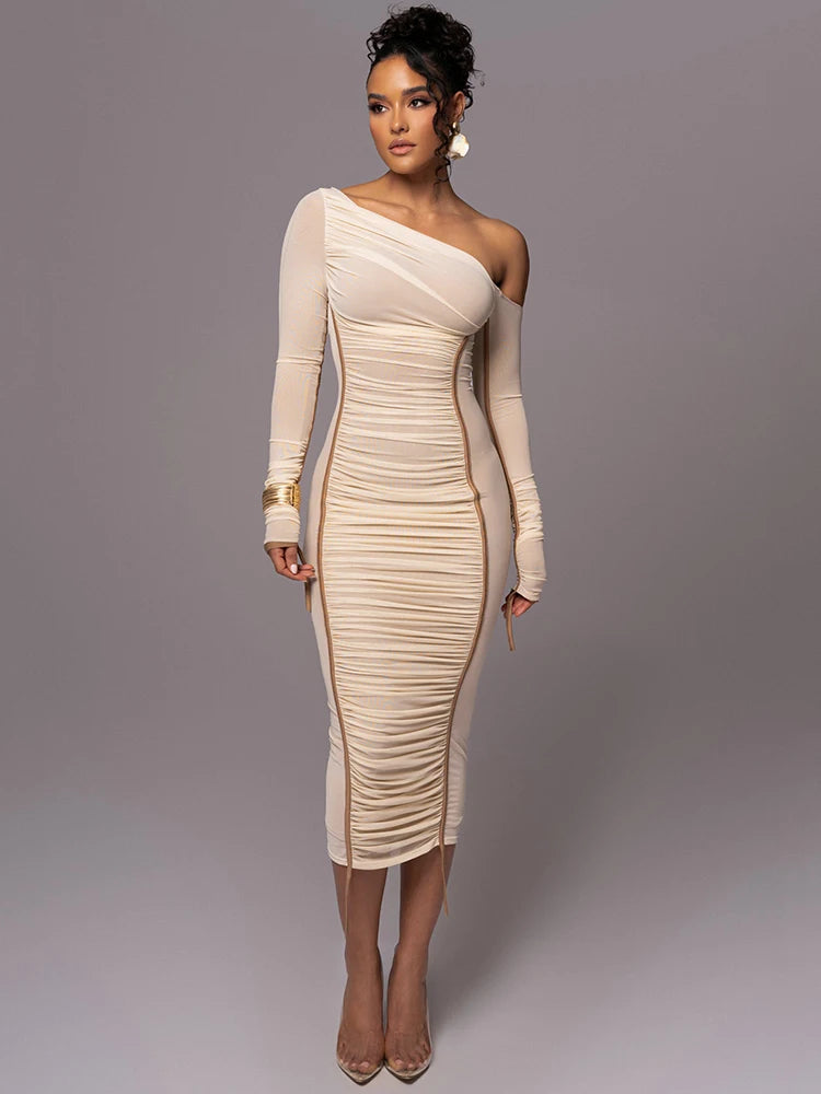 Diagonal Collar Long Sleeve Midi Dress for Two Layer Mesh Backless Ruched Bodycon Club Party Long Dress
