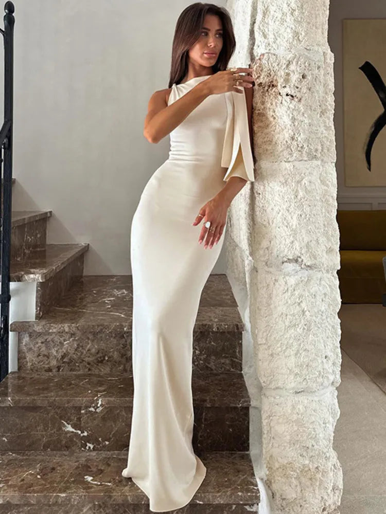 Diagonal Collar Sleeveless Maxi Dress for Off-shoulder Sleeveless Bodycon Long Dress