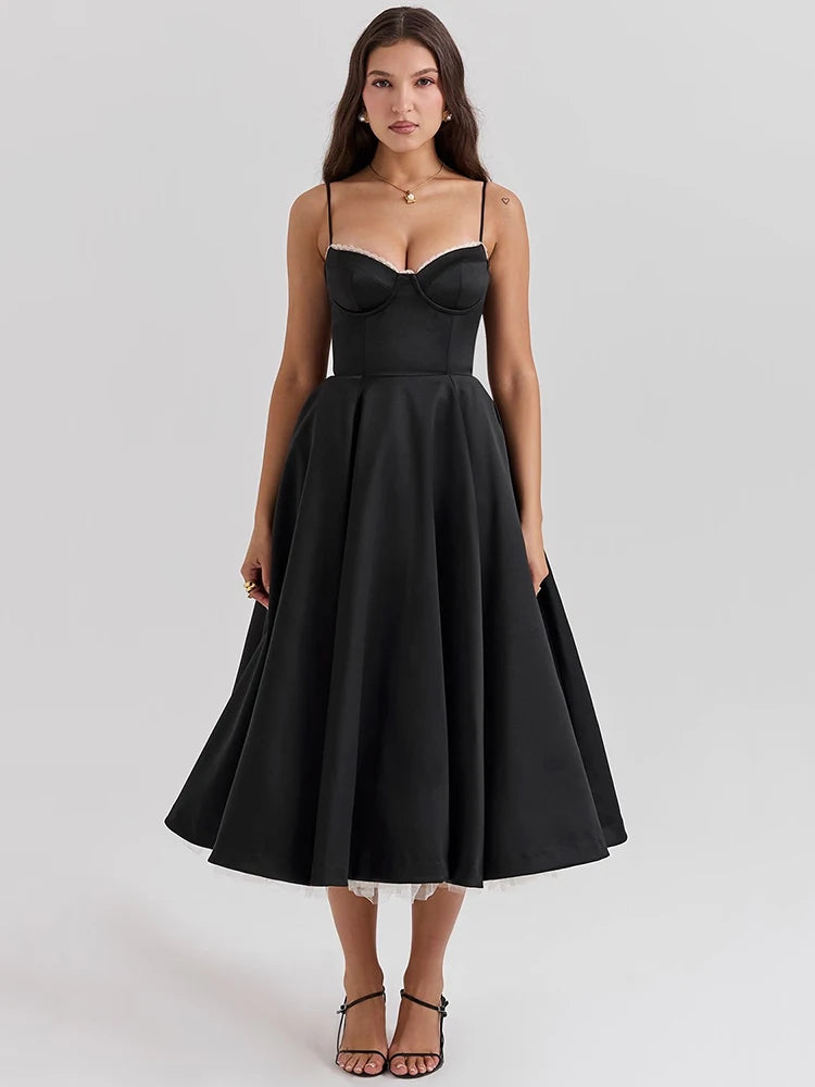 A-line Backless Midi Dress for Spaghetti Strap Sleeveless Loose Club Party Dress New