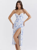 Blue Print Split Midi Dress Robe New Spaghetti Strap Sleeveless Off-shoulder Party Dress