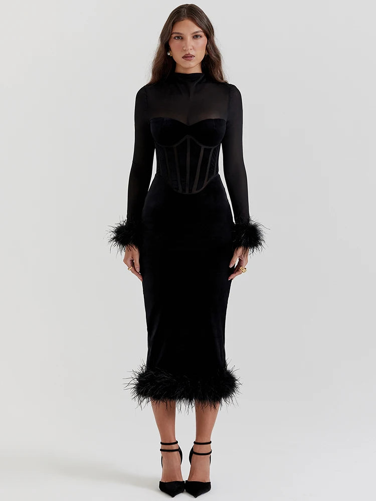 Feather Midi Dress for Black Sheer Long Sleeve Backless Bodycon Club Party Long Dress