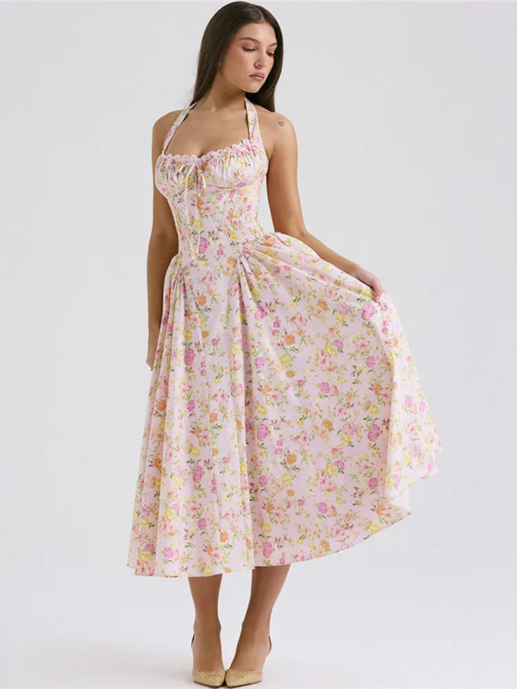 Print A-line Midi Dress for Halter Sleeveless Backless Loose Printed Long Dress New