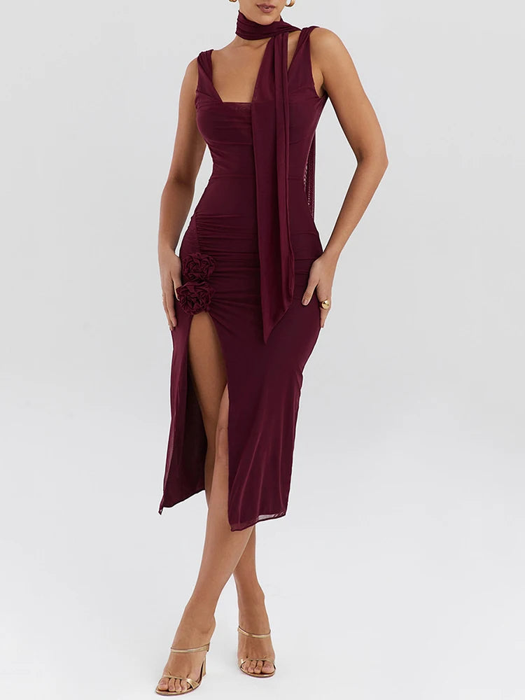 Flower High Split Midi Dress for Two Layer Mesh Sleeveless Backless Bodycon Club Dress Party Outfits