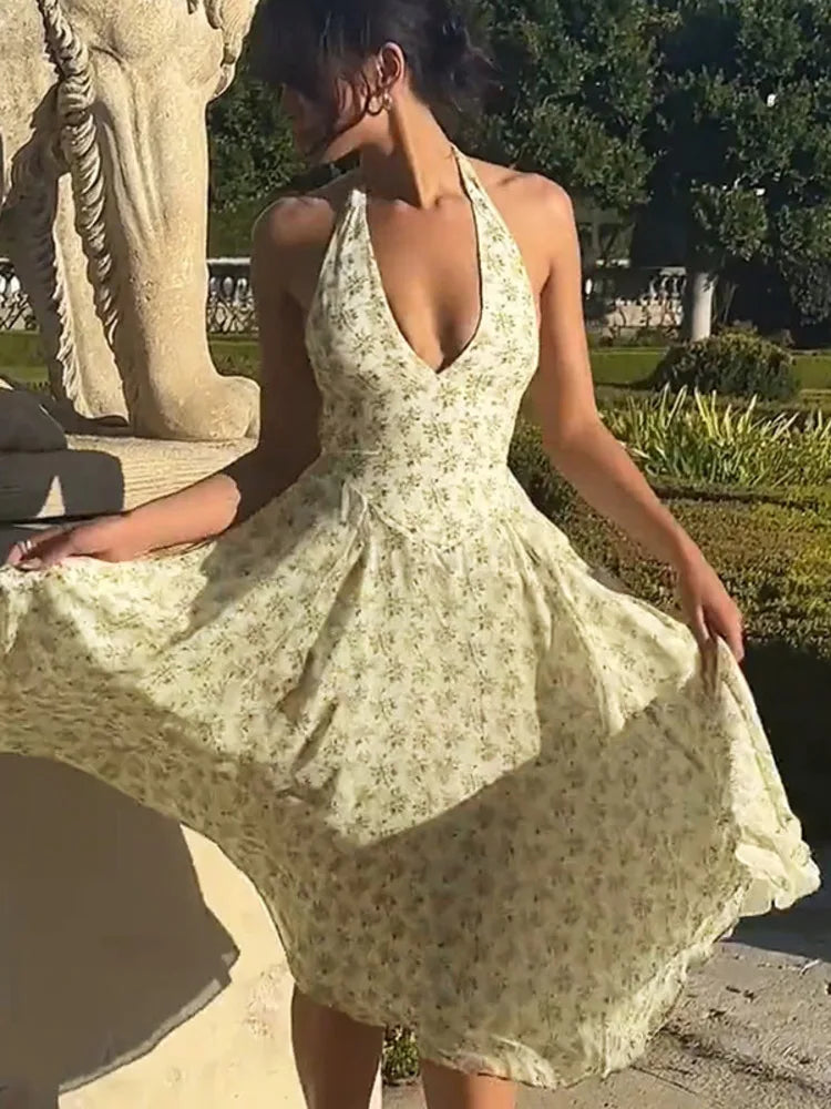 Halter Backless Print Midi Dress for Sleeveless A-line Pleated Club Party Long Dress New